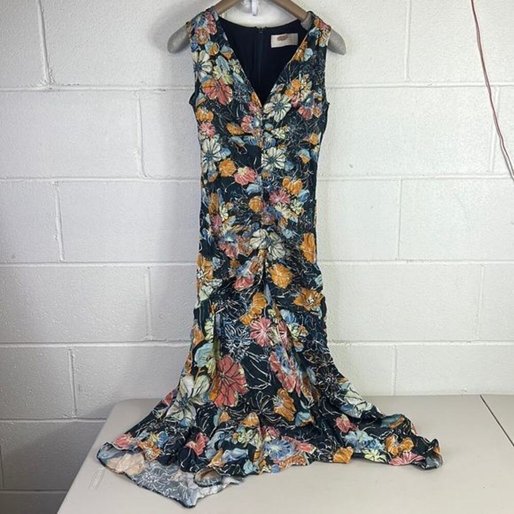 RTR Peter PilottoRuched Navy Floral Dress Sz4 Sleeveless Asymmetrical MIDI silk - Picture 4 of 8